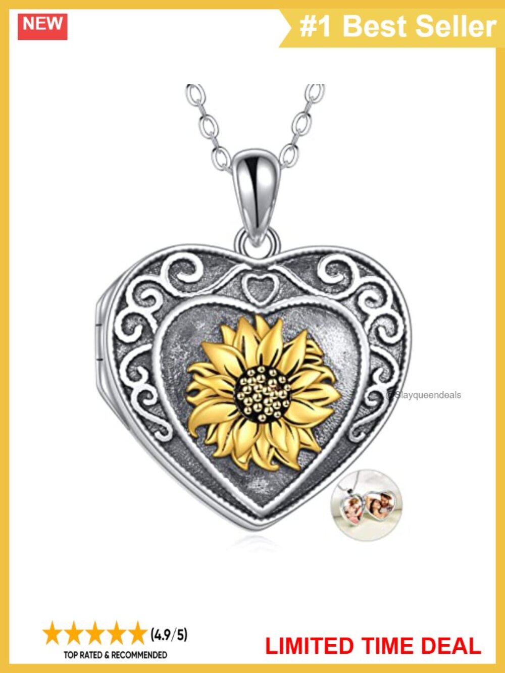 S925 Sterling Silver Sunflower Heart Locket Necklace Holds 2 Pictures